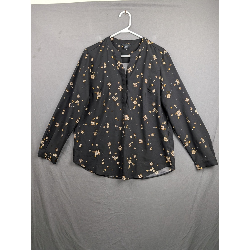 Hilary Radley Womens Black Floral Henley Blouse Long Sleeve V-Neck Top Size M‎